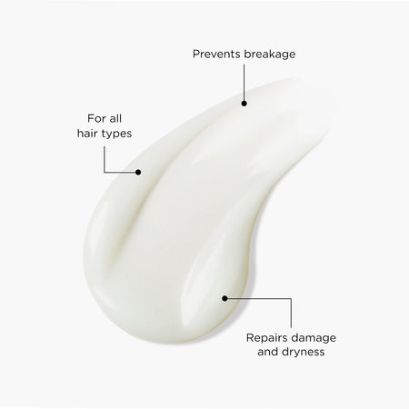 Creamy white texture swatch of hair cleanser annotated with usps; for all hair types, prevents breakage, repairs damage and dryness.